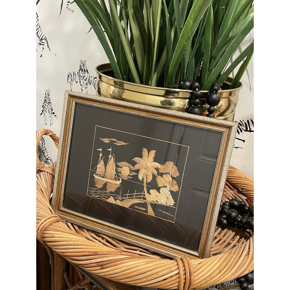 Framed Vintage Asian Straw Art with Sailboats Nautical Island Theme 1950-60s - Picture 7 of 8